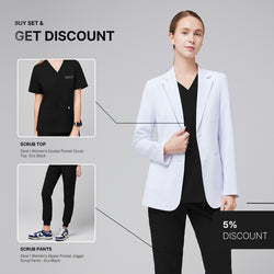 Image of Promotional graphic featuring a woman wearing a short white lab coat (LCW-02) over an Eco Black Double Pocket Scrub Top and Eco Black Zipper Pocket Jogger Scrub Pants, with inset images of the top and pants and a 5% discount label.,White