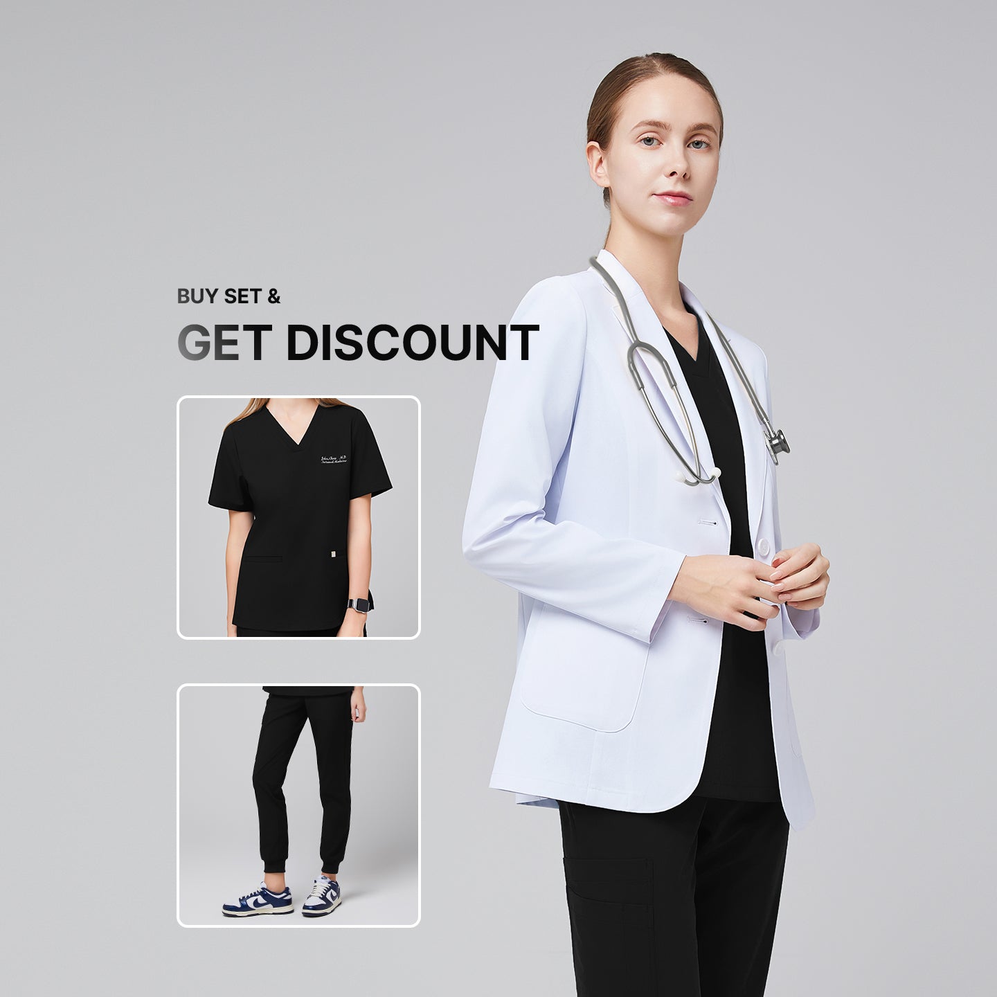 Promotional graphic showing a woman wearing a short white lab coat (LCW-02) over an Eco Black Double Pocket Scrub Top and Eco Black Zipper Pocket Jogger Scrub Pants, with inset images of the scrub set and text reading “Buy Set & Get Discount