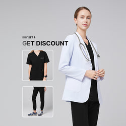 Image of Promotional graphic showing a woman wearing a short white lab coat (LCW-02) over an Eco Black Double Pocket Scrub Top and Eco Black Zipper Pocket Jogger Scrub Pants, with inset images of the scrub set and text reading “Buy Set & Get Discount