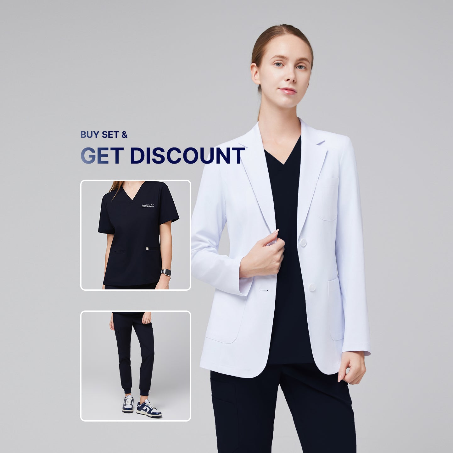 Promotional graphic showing a woman wearing a short white lab coat (LCW-02) over an Eco Navy Double Pocket Scrub Top and Eco Navy Zipper Pocket Jogger Scrub Pants, with inset images of the scrub set and text reading “Buy Set & Get Discount”,White