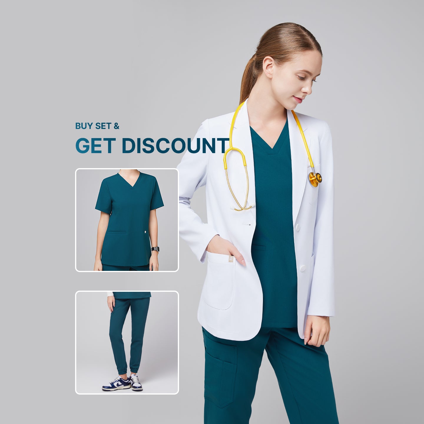 Promotional graphic showing a woman wearing a short white lab coat (LCW-02) over an Ocean Teal Double Pocket Scrub Top and Ocean Teal StretchFit Jogger Scrub Pants, with inset images of the scrub set and text reading “Buy Set & Get Discount”,White