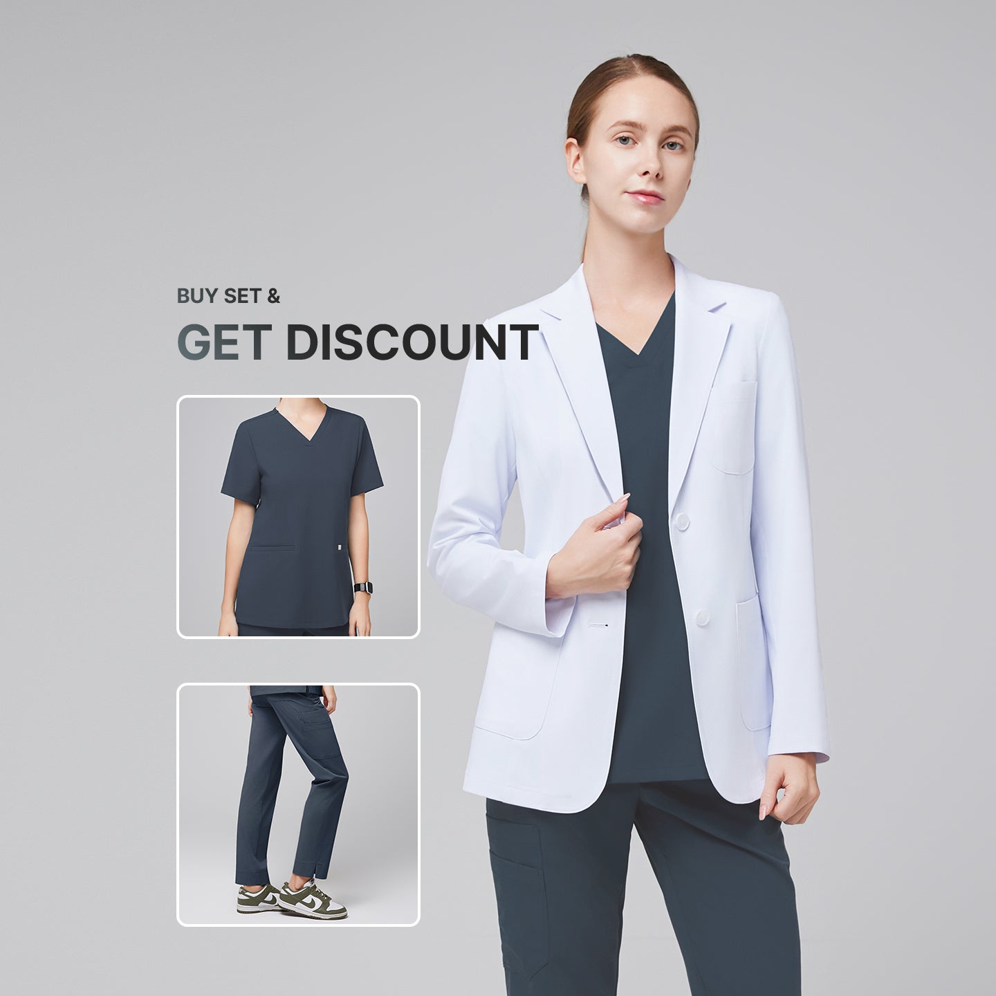 Promotional graphic showing a woman wearing a short white lab coat (LCW-02) over a Smoky Blue Double Pocket Scrub Top and Smoky Blue Straight Split Hem Scrub Pants, with inset images of the scrub set and text reading “Buy Set & Get Discount”,White