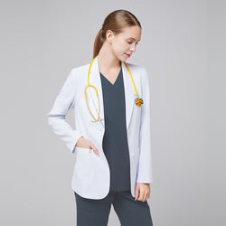 Image of A woman wearing a short white lab coat (LCW-02) over a Smoky Blue Double Pocket Scrub Top and Smoky Blue Straight Split Hem Scrub Pants, with a yellow stethoscope around her neck,White