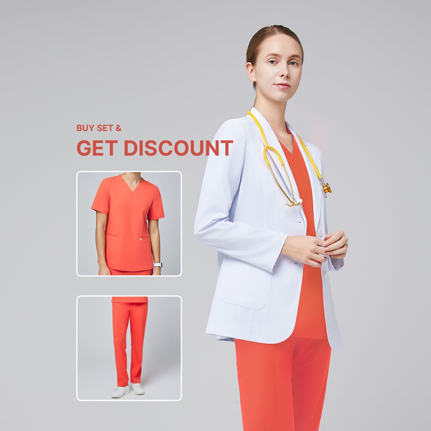 Promotional graphic showing a woman wearing a short white lab coat (LCW-02) over a Tiger Orange Double Pocket Scrub Top and Tiger Orange Straight Split Hem Scrub Pants, with inset images of the scrub set and text reading “Buy Set & Get Discount”,White