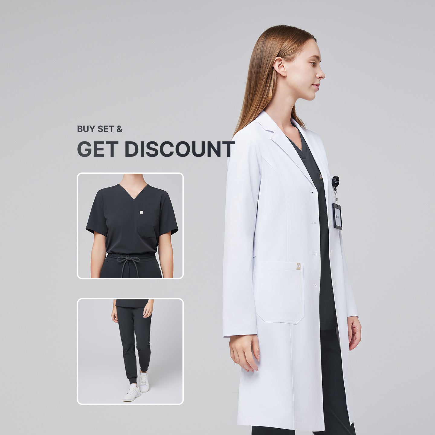 Promotional graphic showing a woman wearing a long white lab coat (LCW-04) over a Deep Gray Single Pocket Scrub Top and Deep Gray Zipper Pocket Jogger Scrub Pants, with inset images of the scrub set and text reading “Buy Set & Get Discount.”,White