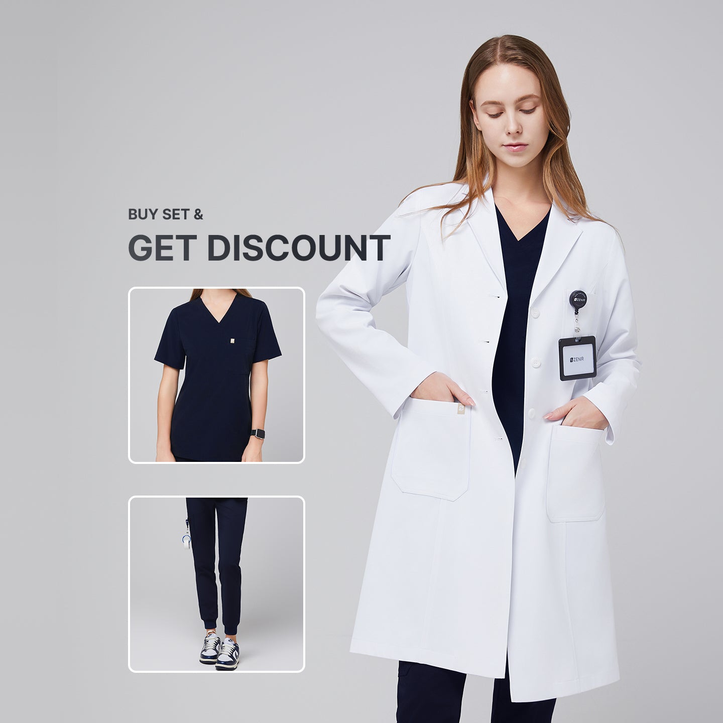 Promotional graphic showing a woman wearing a long white lab coat (LCW-04) over an Eco Navy Single Pocket Scrub Top and Eco Navy Zipper Pocket Jogger Scrub Pants, with inset images of the scrub set and text reading “Buy Set & Get Discount.”,White