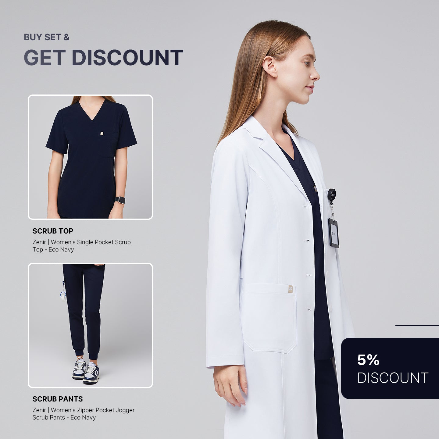 Promotional graphic featuring a woman wearing a long white lab coat (LCW-04) over an Eco Navy Single Pocket Scrub Top and Eco Navy Zipper Pocket Jogger Scrub Pants, with inset images of the top and pants and a 5% discount label,White