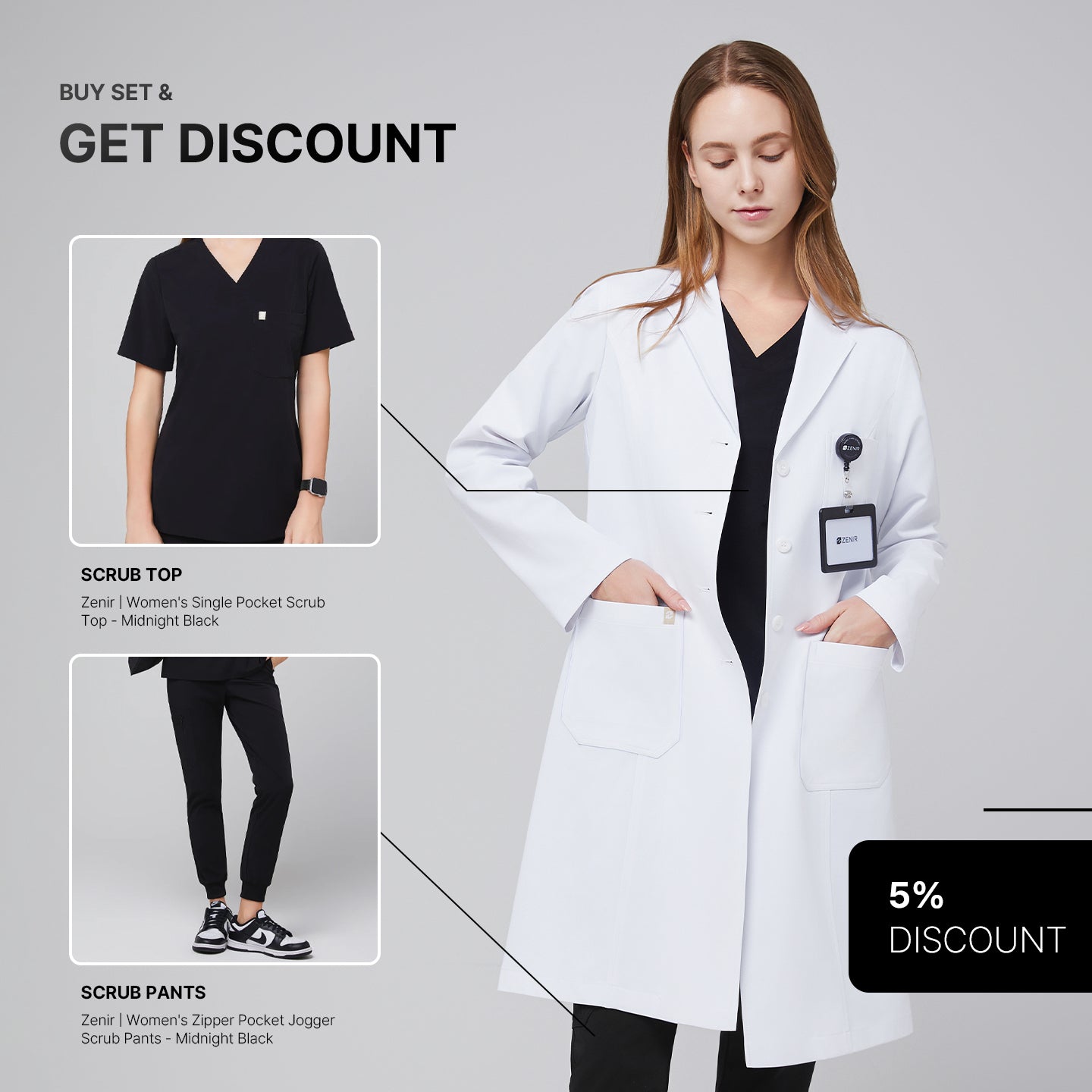 Promotional graphic featuring a woman wearing a long white lab coat (LCW-04) over a Midnight Black Single Pocket Scrub Top and Midnight Black Zipper Pocket Jogger Scrub Pants, with inset images of the top and pants and a 5% discount label,White