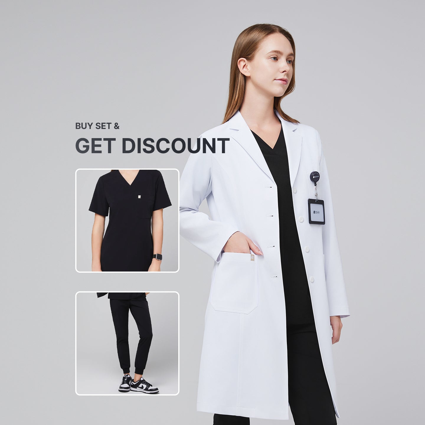 Promotional graphic showing a woman wearing a long white lab coat (LCW-04) over a Midnight Black Single Pocket Scrub Top and Midnight Black Zipper Pocket Jogger Scrub Pants, with inset images of the scrub set and text reading “Buy Set & Get Discount