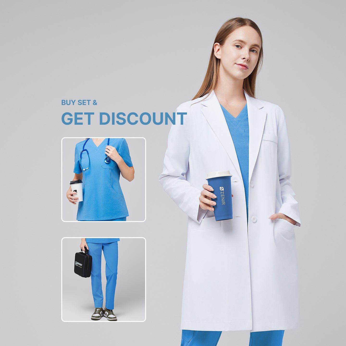 Model wearing Zenir’s Women’s Long Lab Coat LCW-10 over an Aqua Blue Scrub Set, holding a coffee cup, with text reading ‘Buy Set & Get Discount’ and preview images of the scrub top and pants,White