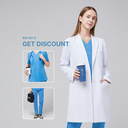 Image of Model wearing Zenir’s Women’s Long Lab Coat LCW-10 over an Aqua Blue Scrub Set, holding a coffee cup, with text reading ‘Buy Set & Get Discount’ and preview images of the scrub top and pants,White