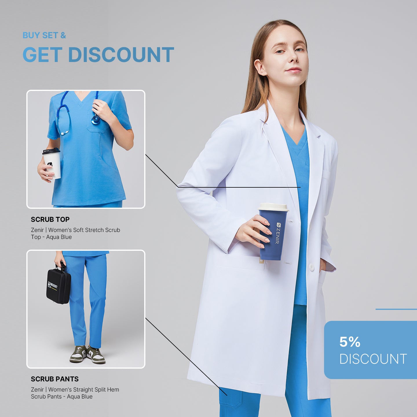 Model wearing Zenir’s Women’s Long Lab Coat LCW-10 over an Aqua Blue Scrub Set, holding a coffee cup, with text reading ‘Buy Set & Get Discount’, '5% Discount' and preview images of the scrub top and pants,White