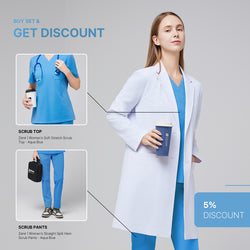 Image of Model wearing Zenir’s Women’s Long Lab Coat LCW-10 over an Aqua Blue Scrub Set, holding a coffee cup, with text reading ‘Buy Set & Get Discount’, '5% Discount' and preview images of the scrub top and pants,White