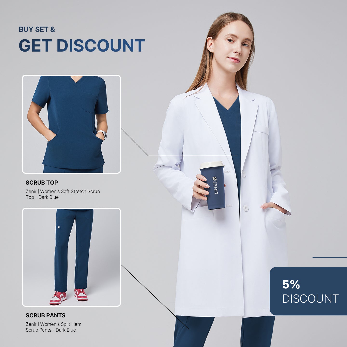 Model wearing Zenir’s Women’s Long Lab Coat LCW-10 in White over a Dark Blue Scrub Set, holding a coffee cup, with text reading ‘Buy Set & Get Discount’ with '5% discount' and preview images of the scrub top and pants,White