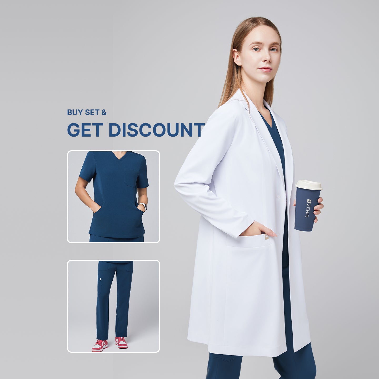 Model wearing Zenir’s Women’s Long Lab Coat LCW-10 in White over a Dark Blue Scrub Set, holding a coffee cup, with text reading ‘Buy Set & Get Discount’ and preview images of the scrub top and pants,White