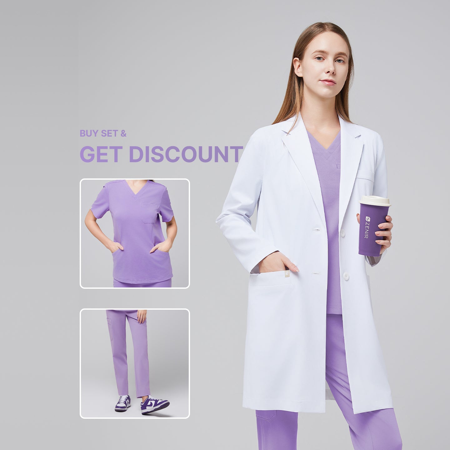 Model wearing the Zenir Women's Long Lab Coat LCW-10 + Lavender Scrub Set, holding a purple coffee cup against a grey background, with close-up previews of the scrub top and pants with a 'Buy Set & Get Discount' message,White