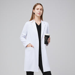 Image of A woman wearing a white long lab coat (LCW-10) over black scrubs, holding a coffee cup,White






