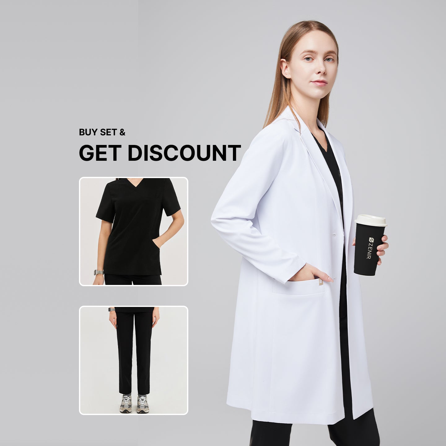 Model wearing Zenir’s Women’s Long Lab Coat LCW-10 in White over a Rich Black Scrub Set, holding a coffee cup, with text reading ‘Buy Set & Get Discount’ and preview images of the scrub top and pants,White