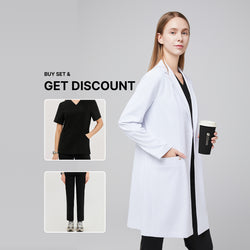 Image of Model wearing Zenir’s Women’s Long Lab Coat LCW-10 in White over a Rich Black Scrub Set, holding a coffee cup, with text reading ‘Buy Set & Get Discount’ and preview images of the scrub top and pants,White