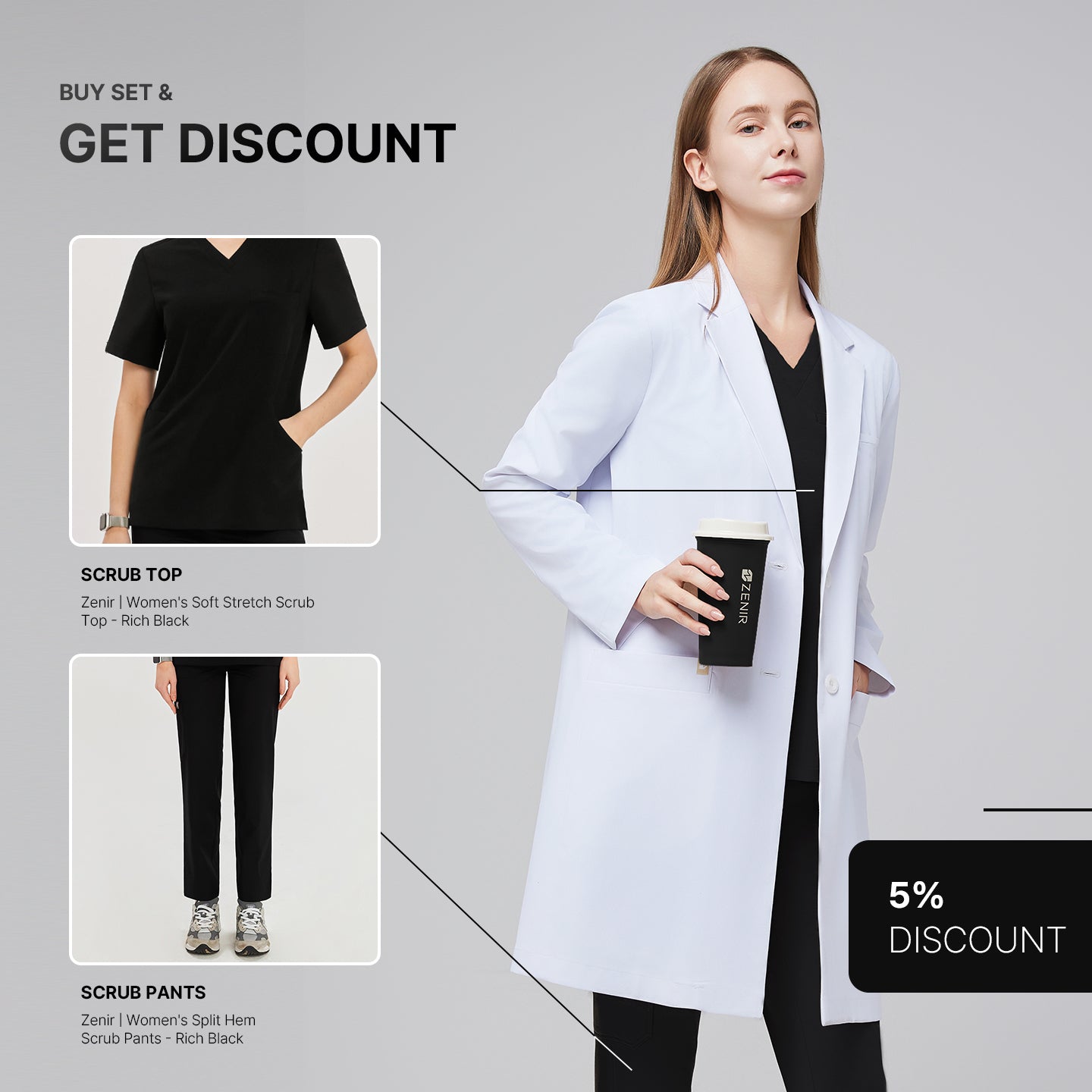 Model wearing Zenir’s Women’s Long Lab Coat LCW-10 in White over a Rich Black Scrub Set, holding a coffee cup, with text reading ‘Buy Set & Get Discount’ and '5% discount' and preview images of the scrub top and pants.