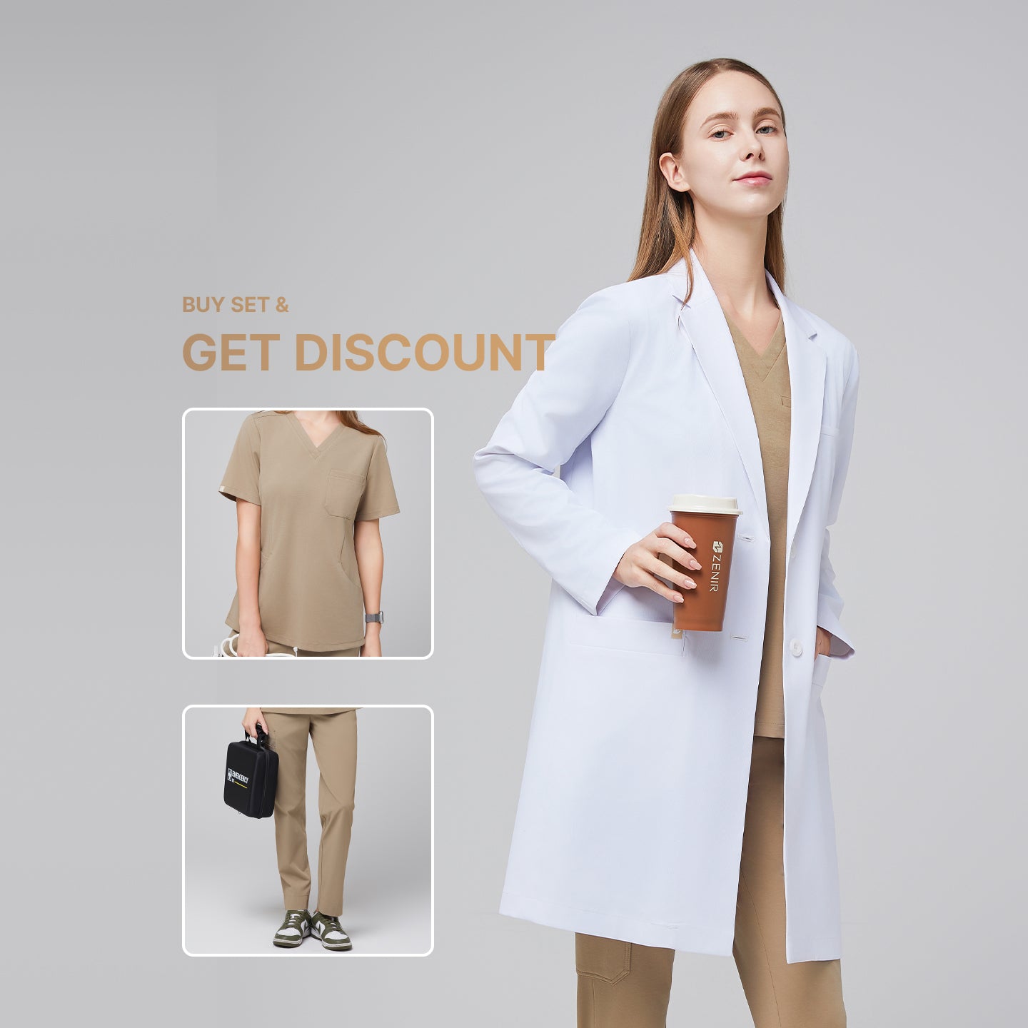 Female model wearing Zenir’s Women’s White Long Lab Coat LCW-10 over a Sand Beige Soft Stretch Scrub Set, holding a coffee cup,White