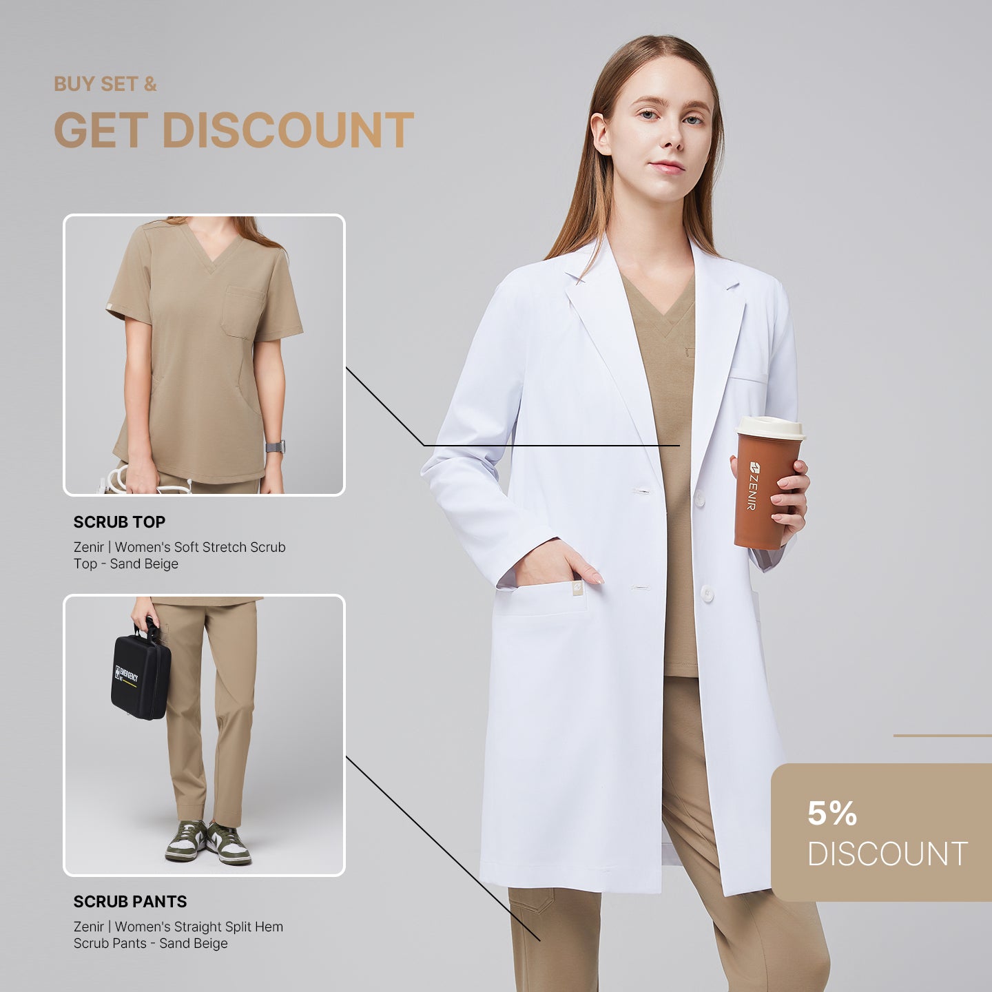 Female model wearing Zenir’s Women’s White Long Lab Coat LCW-10 over a Sand Beige Scrub Set, holding a coffee cup,white