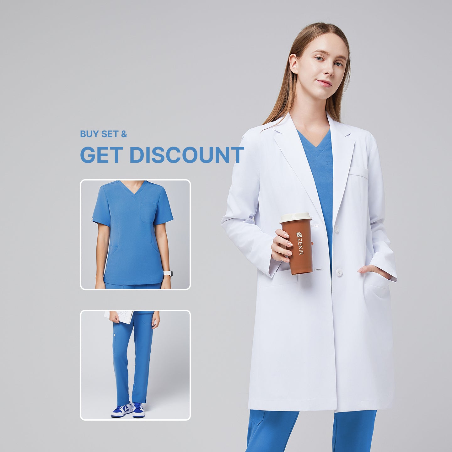 Model wearing Zenir’s Women’s Long Lab Coat LCW-10 over a Sky Blue Scrub Set, holding a coffee cup, with text reading ‘Buy Set & Get Discount’ displayed beside product previews,White