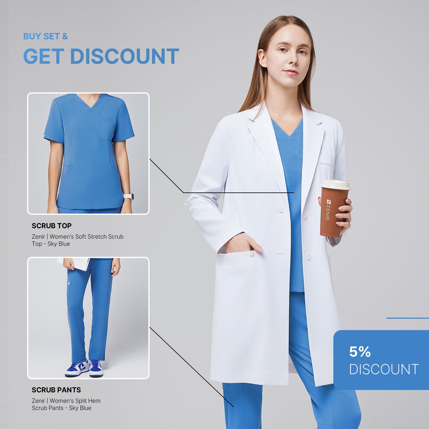 Model wearing Zenir’s Women’s Long Lab Coat LCW-10 over a Sky Blue Scrub Set, holding a coffee cup, with text reading ‘Buy Set & Get Discount’ and '5% Discount' displayed beside product previews,White