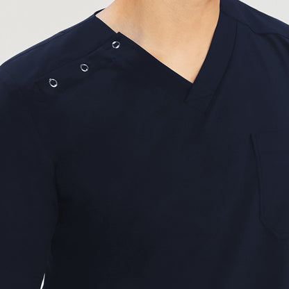 Close-up view of a man wearing a scrub top, highlighting the three-button shoulder detail and V-neck,Navy