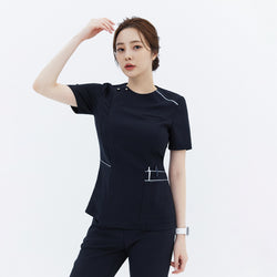 Image of  A woman wearing a navy round-neck front zipper top with white accents and button details on the shoulder,Navy