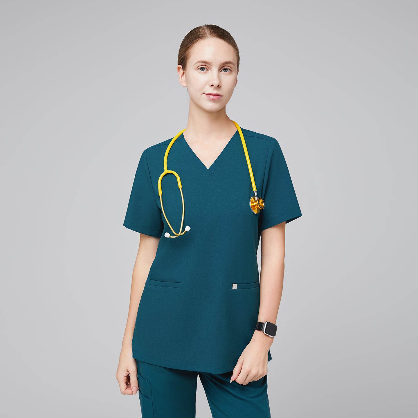 Ocean teal Women's Double Pocket Scrub Top with matching ocean teal scrub pants,Ocean teal