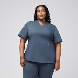 Image of Plus-size healthcare professional in smoky blue scrub set with double pockets,Smoky Blue