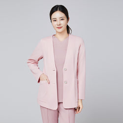 Image of A woman wearing a soft pink comfort cardigan with button details, paired with matching trousers and a V-neck top, smiling confidently against a plain background,Soft Pink